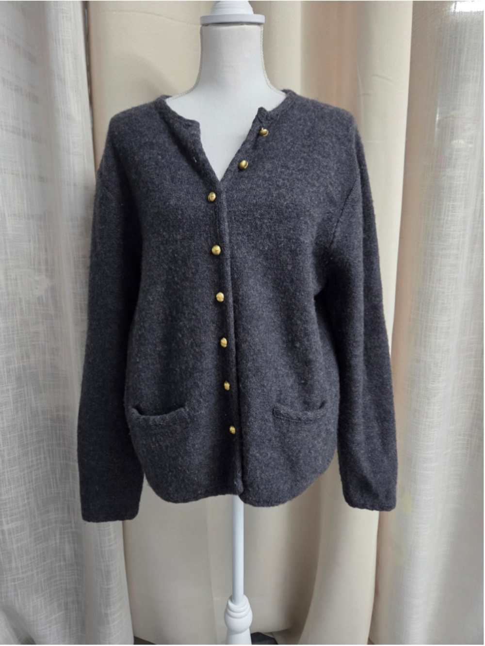 VTG Karen Scott Pure Wool Cardigan Sweater Gray Gold Button Crew Neck Jacket XL